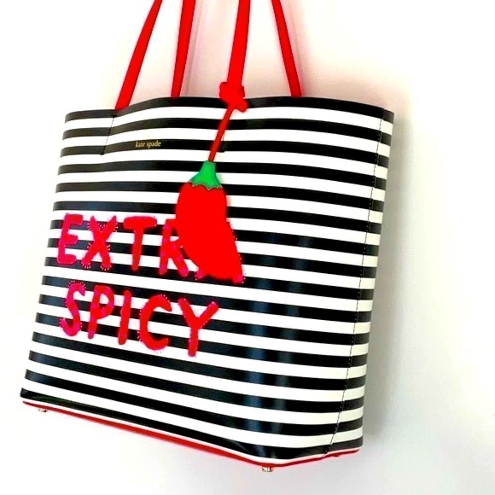 KATE SPADE NWT CHILI PEPPER LEN TOTE SHOULDER BAG EXTRA SPICY RED BLACK STRIPED - Picture 10 of 11